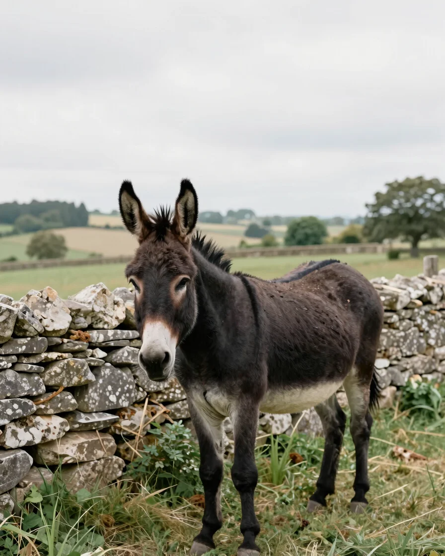 Realistic editorial photograph of a dark-coated donkey standing in a Berry pasture beside a weathered stone farm wall, s