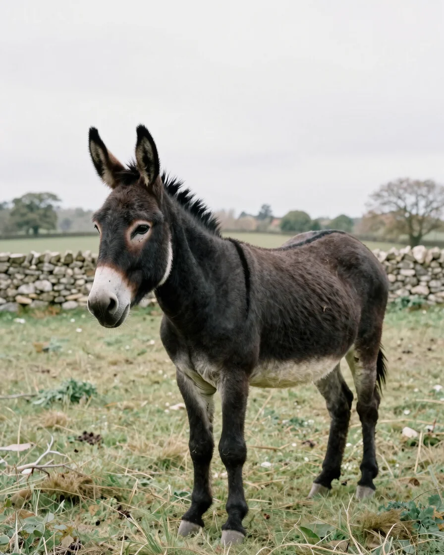 Realistic editorial photograph of a dark black donkey standing in a Berry pasture in soft natural daylight, head in prof