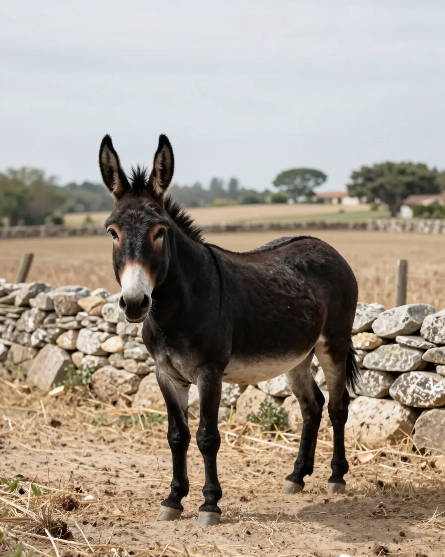 Realistic photograph of a black donkey standing calmly in a dry paddock beside a low stone wall, soft natural daylight,