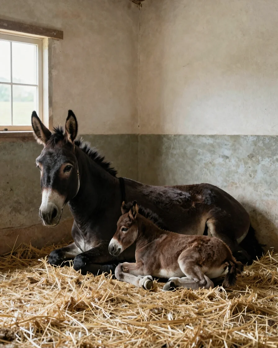 Realistic photograph of a dark-coated donkey mare resting in a clean, straw-bedded stable corner with soft natural dayli