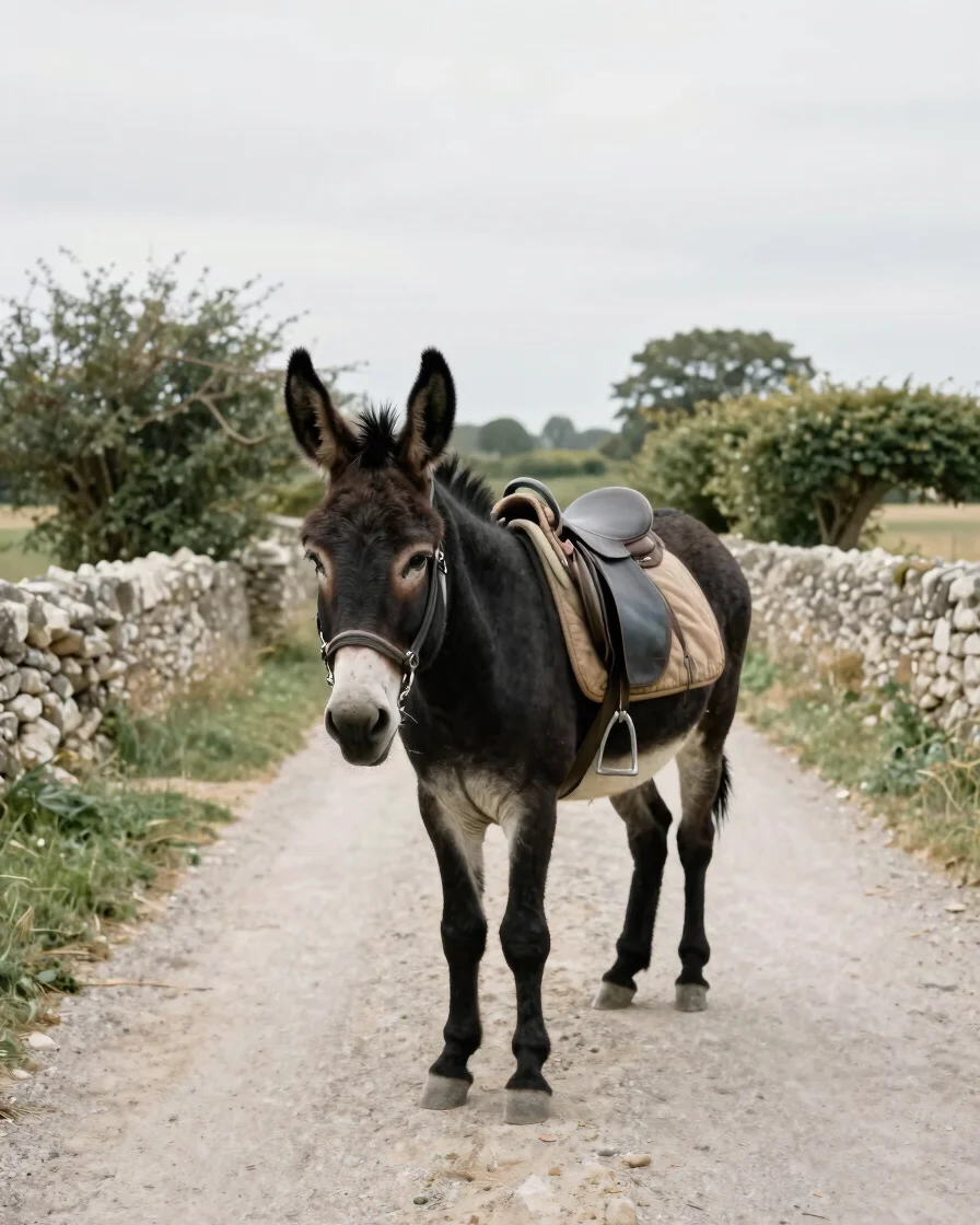 Realistic photograph of a black donkey wearing a simple well-fitted pack saddle on a quiet country lane in central Franc