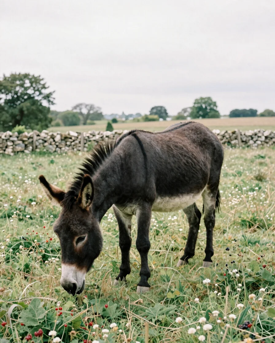 Realistic photograph of a black donkey grazing in a hedged Berry pasture with wildflowers and a stone field boundary, so
